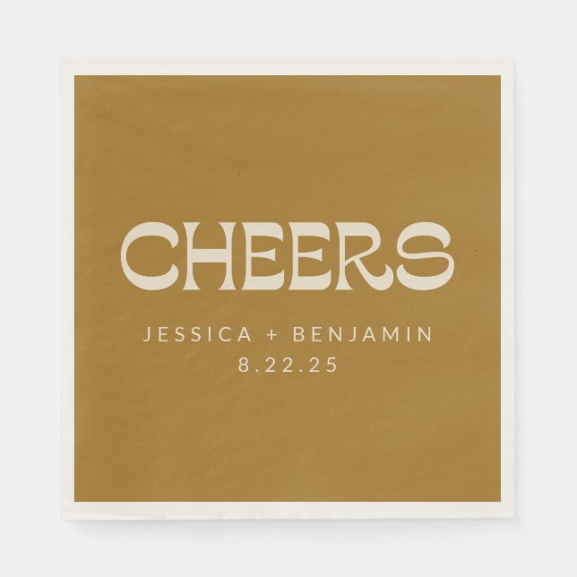 Cheers Groovy Gold Typography Names Wedding Napkins (Front)