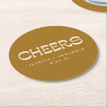 Cheers Groovy Gold Typography Names Wedding  Round Paper Coaster<br><div class="desc">Personalized Cheers Groovy Mustard Gold Typography Names Wedding Paper Coaster</div>