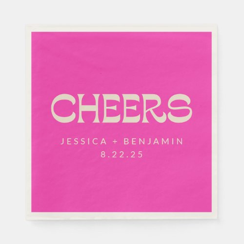 Cheers Groovy Hot Pink Typography Names Wedding Napkins