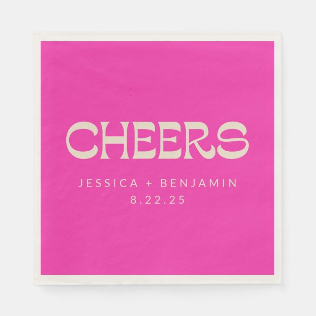 Cheers Groovy Hot Pink Typography Names Wedding Napkins (Front)