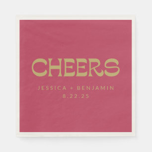 Cheers Groovy Magenta Gold Typography Name Wedding Napkins
