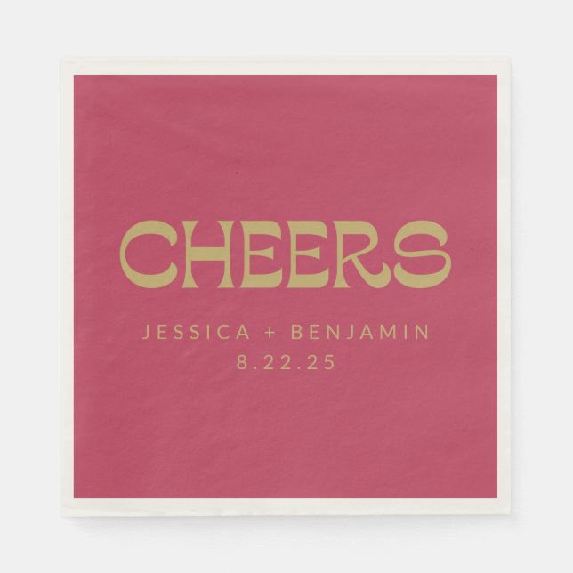 Cheers Groovy Magenta Gold Typography Name Wedding Napkins (Front)