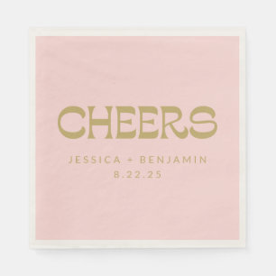 Cheers Groovy Pink Gold Typography Names Wedding Napkins
