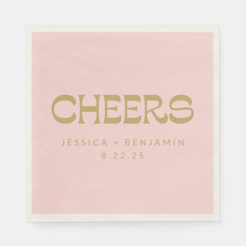 Cheers Groovy Pink Gold Typography Names Wedding  Napkins