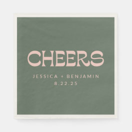 Cheers Groovy Pink Green Typography Names Wedding Napkins