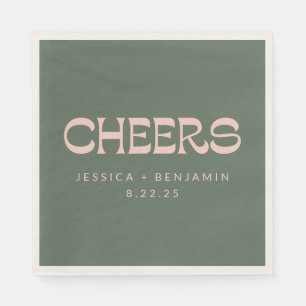 Cheers Groovy Pink Green Typography Names Wedding Napkins
