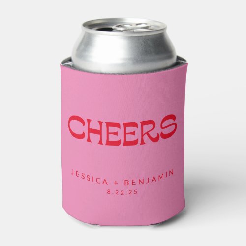 Cheers Groovy Pink Red Typography Names Wedding Can Cooler