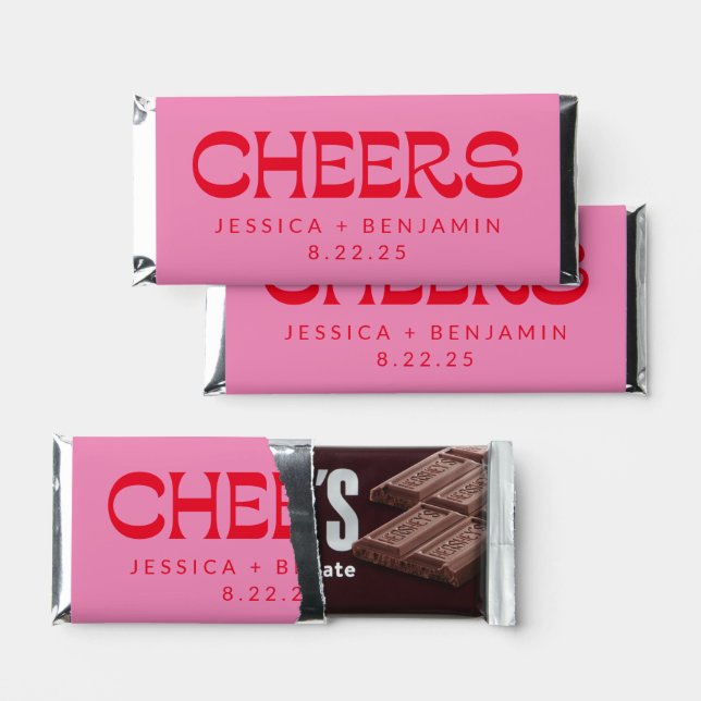 Cheers Groovy Pink Red Typography Names Wedding  Hershey Bar Favors (Front)