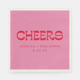 Cheers Groovy Pink Red Typography Names Wedding Napkins