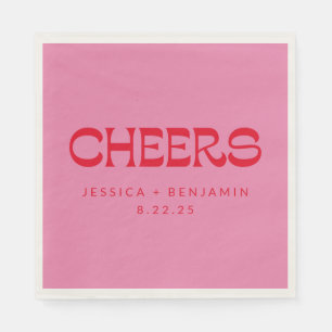 Cheers Groovy Pink Red Typography Names Wedding Napkins