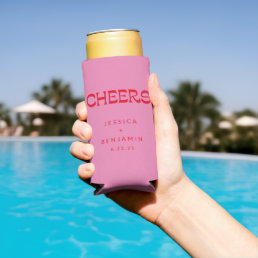 Cheers Groovy Pink Red Typography Names Wedding Seltzer Can Cooler
