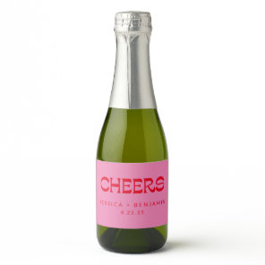 Cheers Groovy Pink Red Typography Names Wedding  Sparkling Wine Label