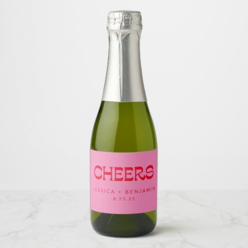 Cheers Groovy Pink Red Typography Names Wedding  Sparkling Wine Label