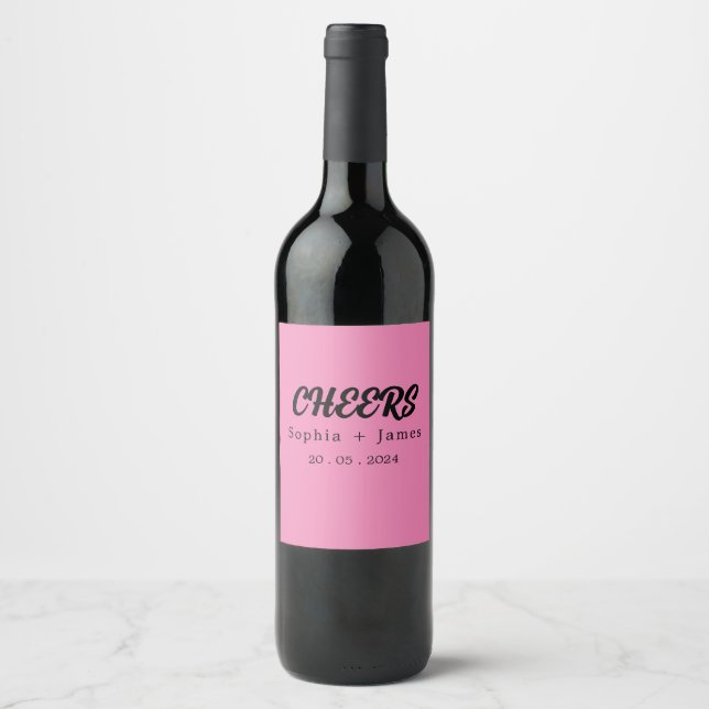 Cheers Groovy Pink Typography Names Wedding  Wine Label (Front)