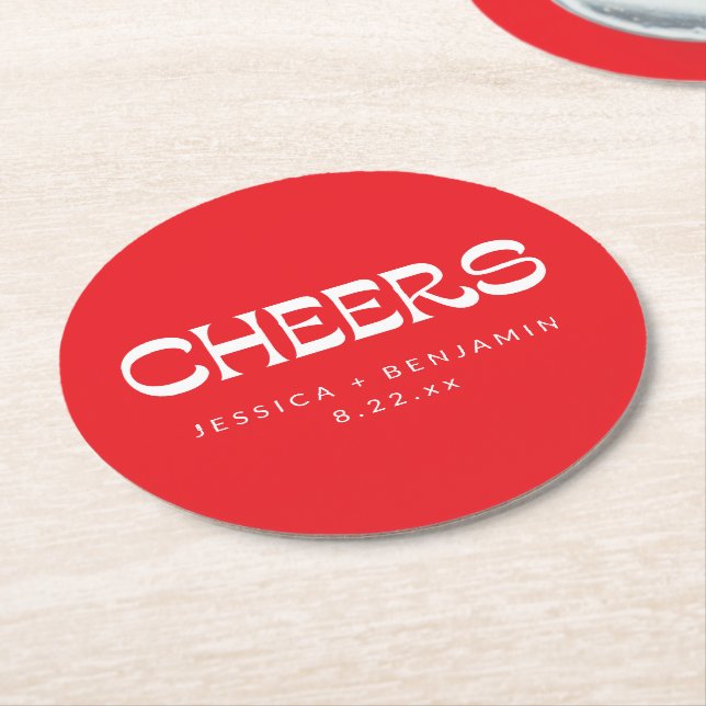 Cheers Groovy Red White Typography Names Wedding  Round Paper Coaster (Angled)
