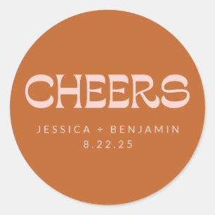 Cheers Groovy Terracotta Custom Names Wedding Classic Round Sticker