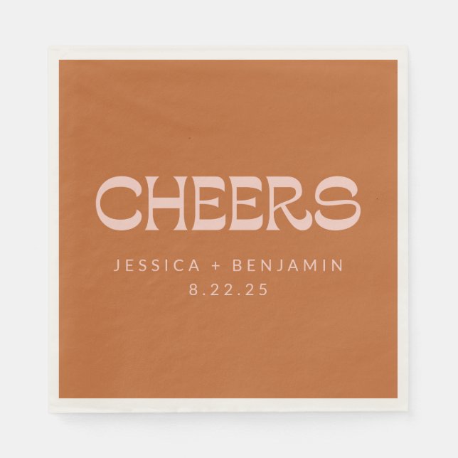 Cheers Groovy Terracotta Typography Names Wedding Napkins (Front)