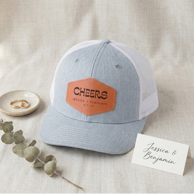 Cheers Groovy Typography Names Wedding Date Leather Patch Hat (Creator Uploaded)