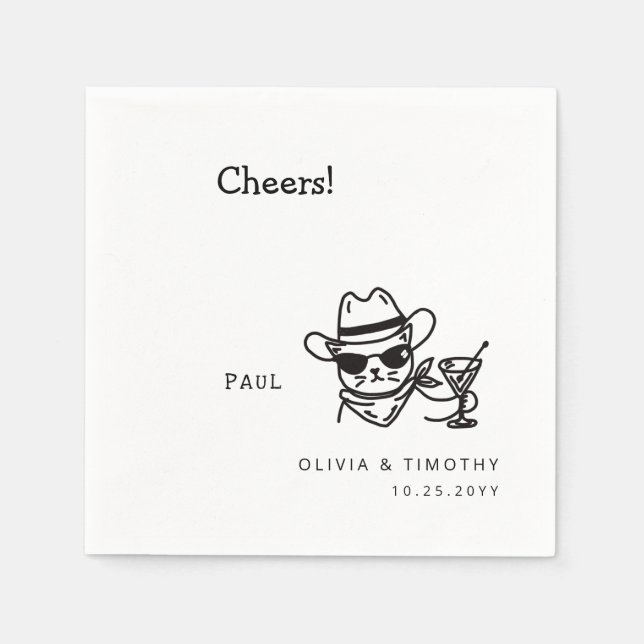 Cheers Hand-drawn Cowboy Cat Wedding Napkins (Front)