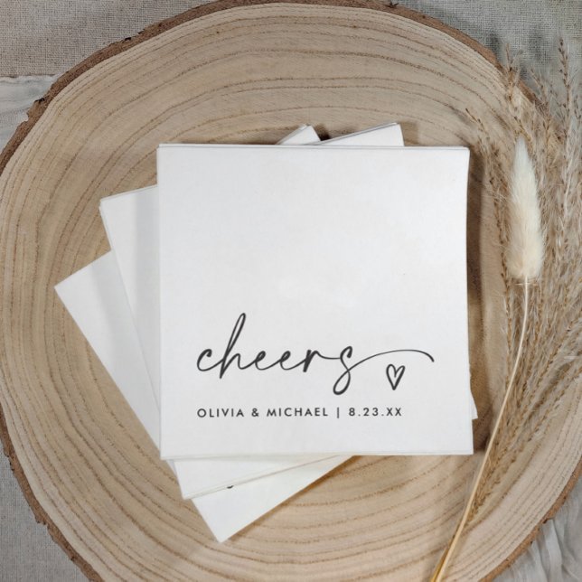 Cheers Handwriting & Heart Fun Wedding Napkins (Elegant black and white “cheers” napkins with modern handwriting and heart design)