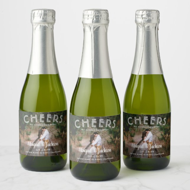 Cheers Happily Ever After Photo Wedding Mini Split Sparkling Wine Label (Bottles)