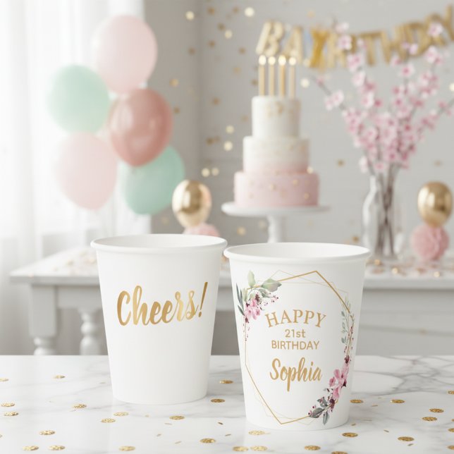 Cheers! Happy 21st Birthday Party Paper Cups (Happy 21st Birthday paper cups for sakura themed birthday.)