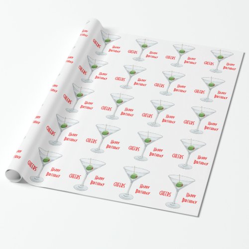 Cheers Happy Birthday Martini Glass Olive Cocktail Wrapping Paper