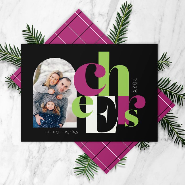 Cheers Happy Holidays Photo Black Magenta Holiday Card (Creator Uploaded)