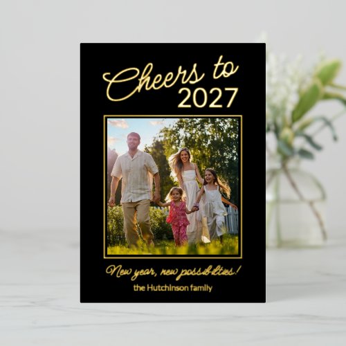 Cheers Happy New Year Family Photo Foil Holiday Card