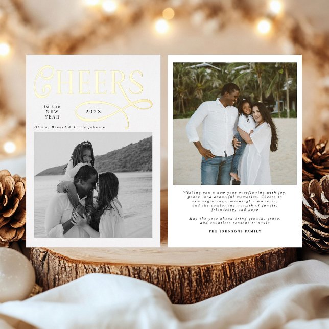 Cheers  Happy New Year Modern Chic Family 2 Photo Foil Holiday Card (Creator Uploaded)
