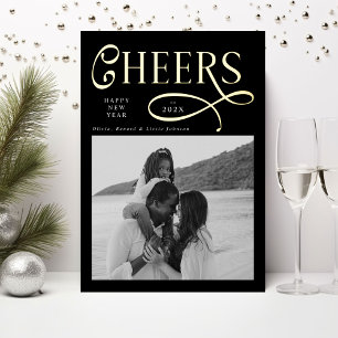 Cheers Happy New Year Modern Chic Family 2 Photo Foil Holiday Card