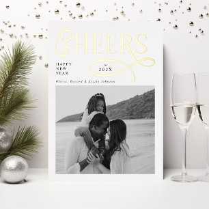 Cheers Happy New Year Modern Chic Family 2 Photo Foil Holiday Card