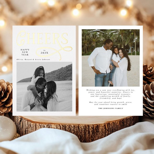 Cheers  Happy New Year Modern Chic Family 2 Photo Foil Holiday Card (Creator Uploaded)
