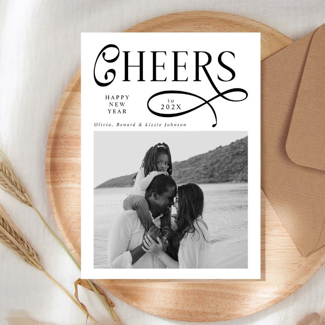Cheers  Happy New Year Modern Chic Family 2 Photo Holiday Card (Creator Uploaded)