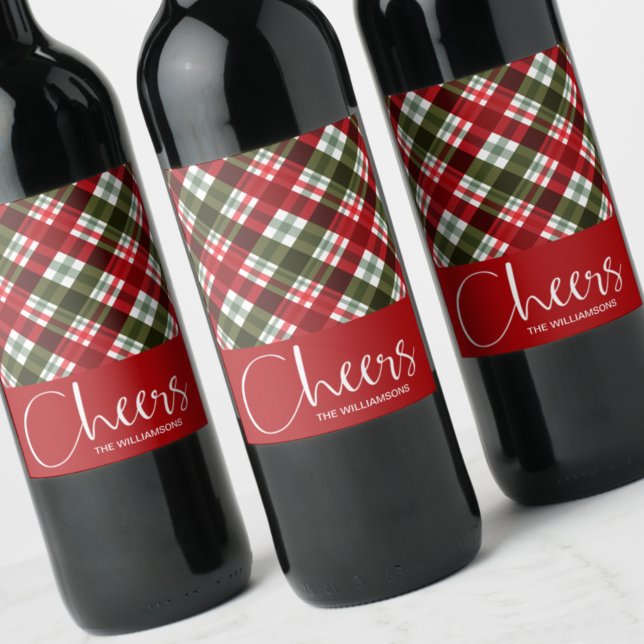 Cheers Holiday Christmas Plaid Wine Label (Creator Uploaded)