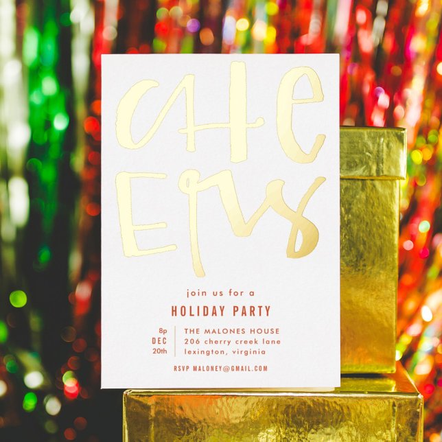 Cheers Holiday Party Gold Foil Invitation (Gold foil and hand lettered CHEERS holiday party Christmas card.)