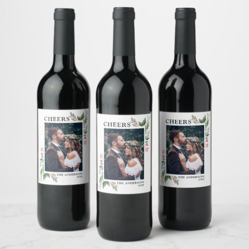 CHEERS  Holly Berry Christmas Holiday Photo Wine Label