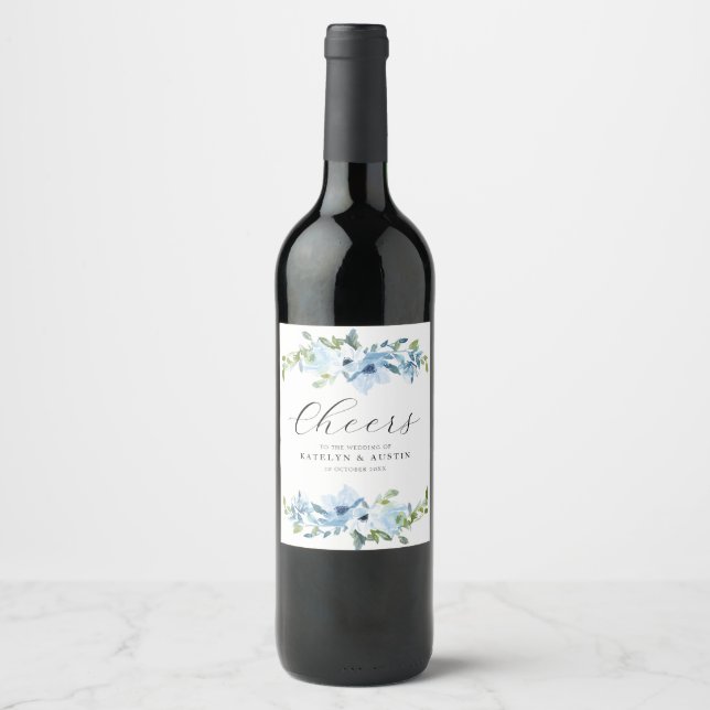 CHEERS | light blue floral wedding Wine Label (Front)