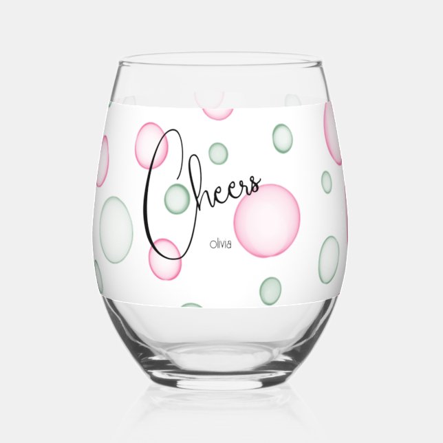 Cheers | Lively Fun Pink and Green Bubbles Stemless Wine Glass (Front)