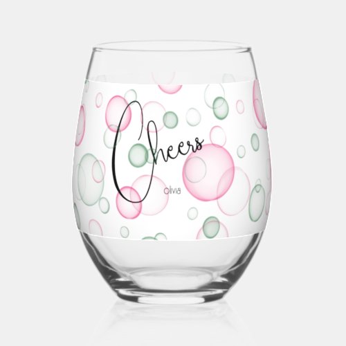Cheers  Lively Fun Pink and Green Bubbles Stemless Wine Glass