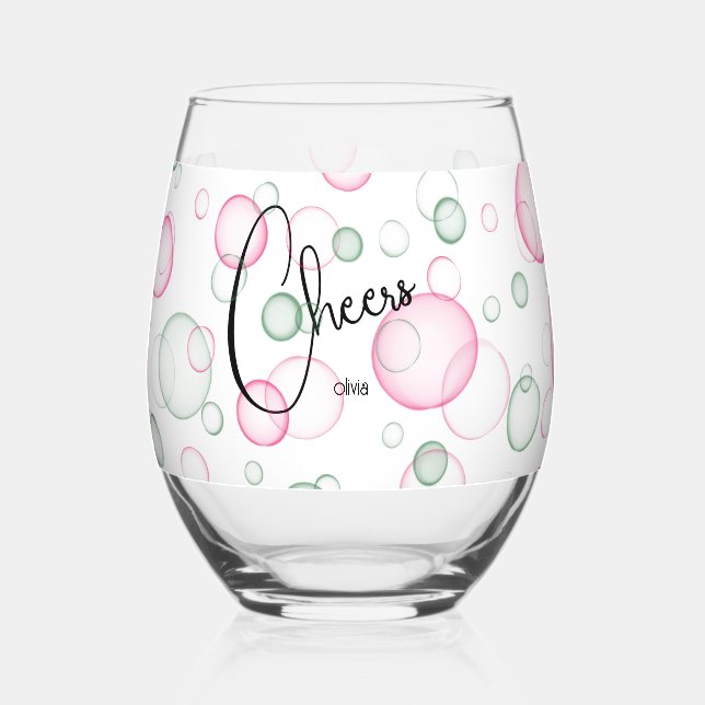 Cheers | Lively Fun Pink and Green Bubbles Stemless Wine Glass (Front)