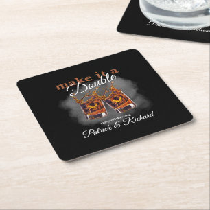 Cheers Make it a Double Celebration Whiskey Glass Square Paper Coaster