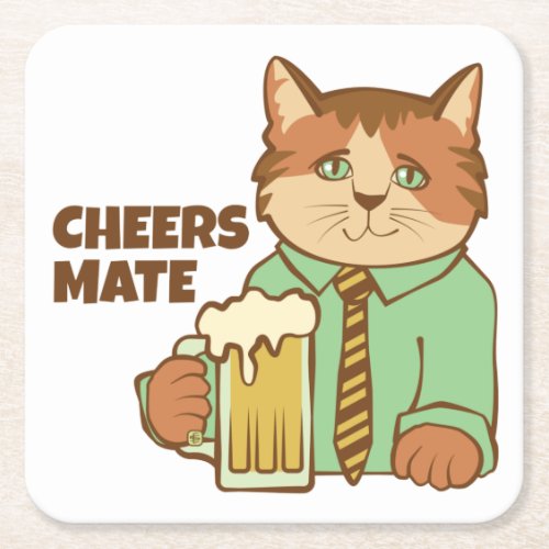 Cheers Mate Cat and Beer Square Paper Coaster