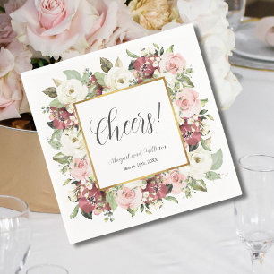 Cheers Mauve Pink Florals Gold Frame Wedding Napkins