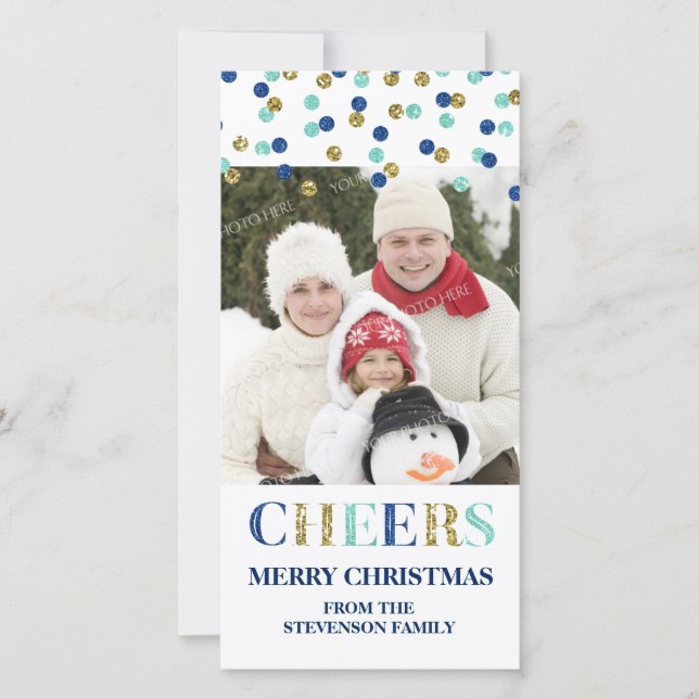 Cheers Merry Christmas Gold Blue Confetti Photo Holiday Card (Front)