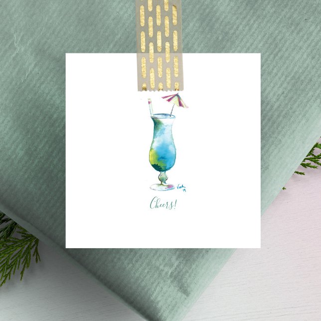 Cheers Mini Holiday Blue Hawaii Cocktail Note Card (Watercolor blue Hawaii cocktail mini notecards unique art by Victoria Grigaliunas of Do Tell A Belle)