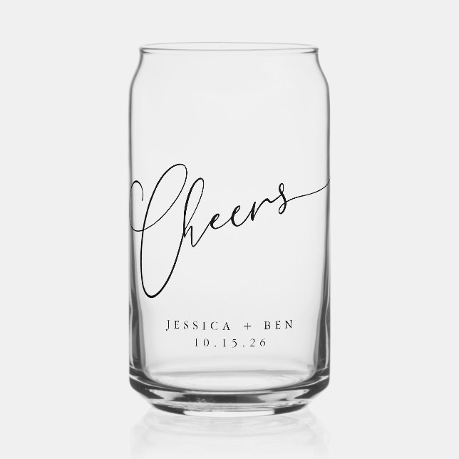 Cheers Minimal Black White Script Custom Wedding Can Glass (Front)