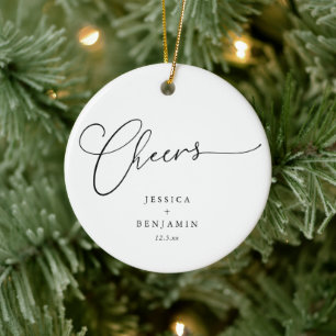 Cheers Minimal Black White Script Custom Wedding Ceramic Ornament