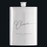 Cheers Minimal Black White Script Custom Wedding Flask<br><div class="desc">Cheers Minimalist Black White Script Custom Wedding Flask</div>