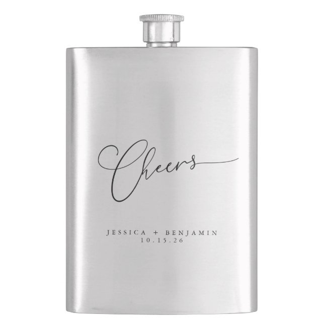 Cheers Minimal Black White Script Custom Wedding Flask (Front)